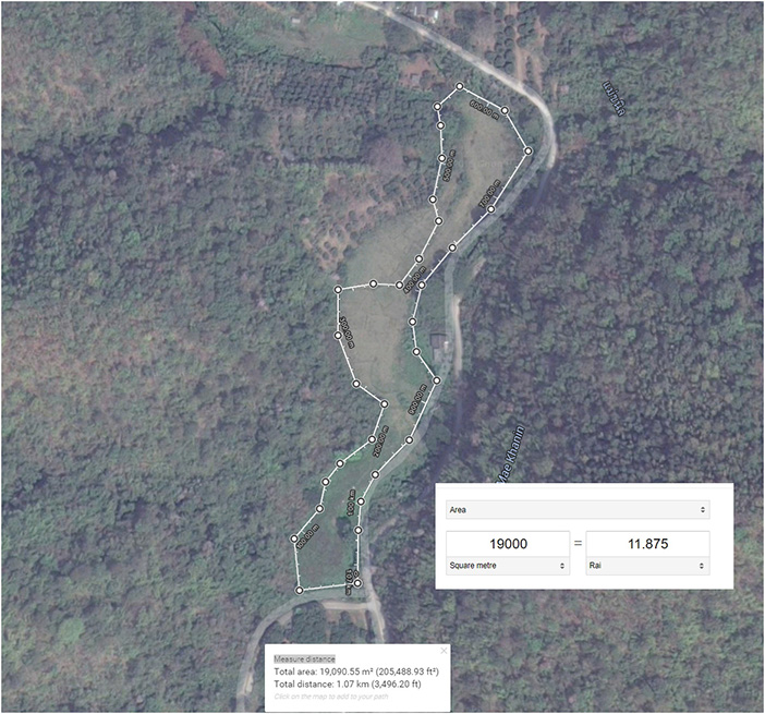 Measurement map showing land area around 19,000 square meters (approx. 11.875 Rai shown in screenshot)